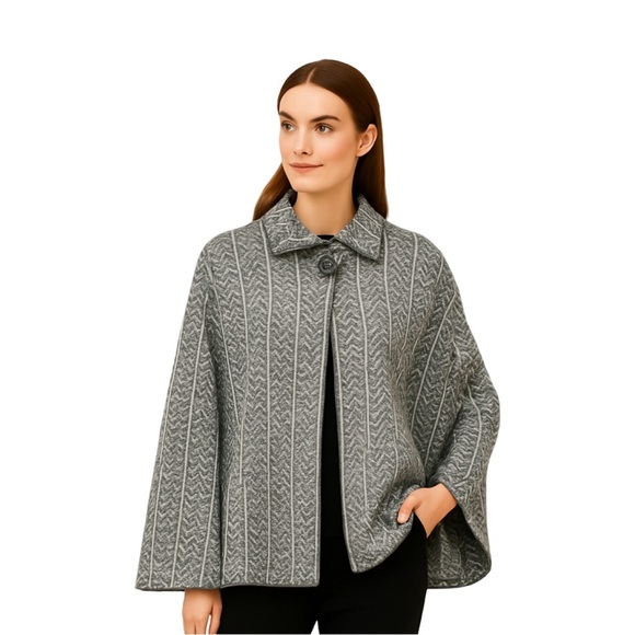 Bianca G. Knit Cape Jacket Gray White Herringbone Wool  W Size XL Made in Italy - Picture 3 of 8